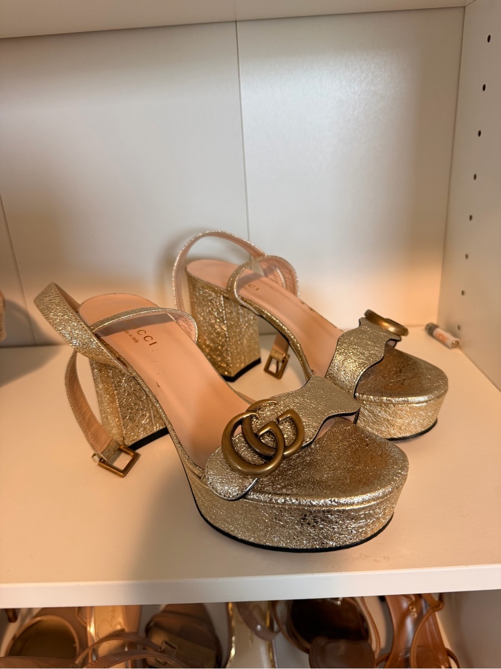 Gucci Metallic Gold Glitter Platform Sandals with Double G, make an offer :)